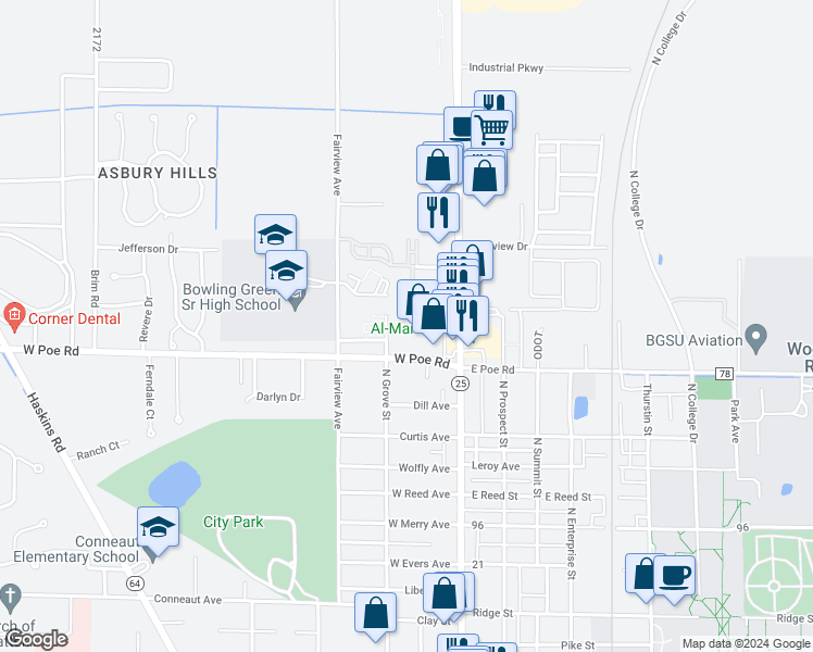 map of restaurants, bars, coffee shops, grocery stores, and more near 208 West Poe Road in Bowling Green