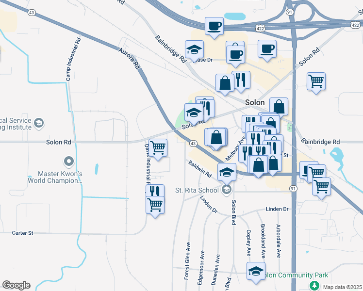 map of restaurants, bars, coffee shops, grocery stores, and more near 6336 Glenallen Avenue in Solon