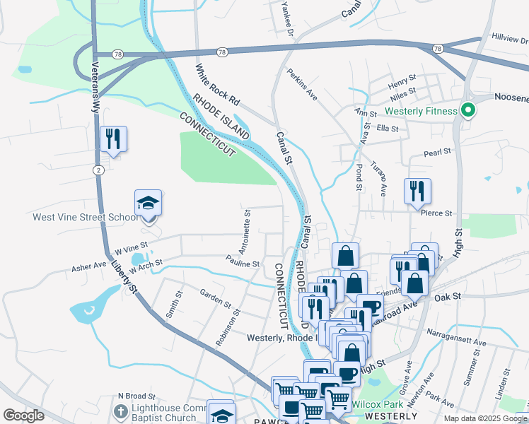 map of restaurants, bars, coffee shops, grocery stores, and more near 8 River Street in Stonington