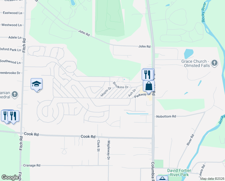 map of restaurants, bars, coffee shops, grocery stores, and more near 6 Birch Lane in Cuyahoga County