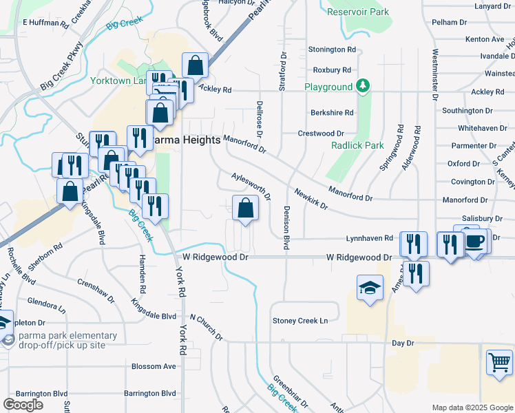 map of restaurants, bars, coffee shops, grocery stores, and more near 6415 Princeton Court in Parma Heights