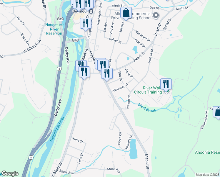 map of restaurants, bars, coffee shops, grocery stores, and more near 55 Maple Street in Seymour