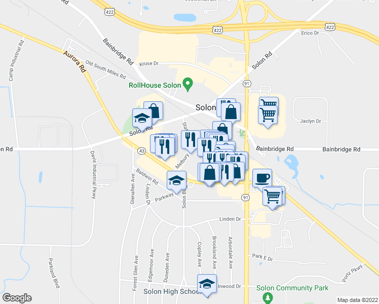 map of restaurants, bars, coffee shops, grocery stores, and more near 6373 Melbury Avenue in Solon