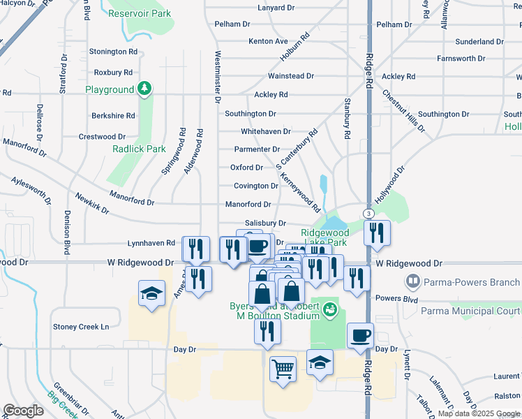 map of restaurants, bars, coffee shops, grocery stores, and more near 6528 South Canterbury Road in Parma