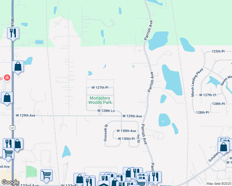 map of restaurants, bars, coffee shops, grocery stores, and more near 12753 Carey Street in Cedar Lake