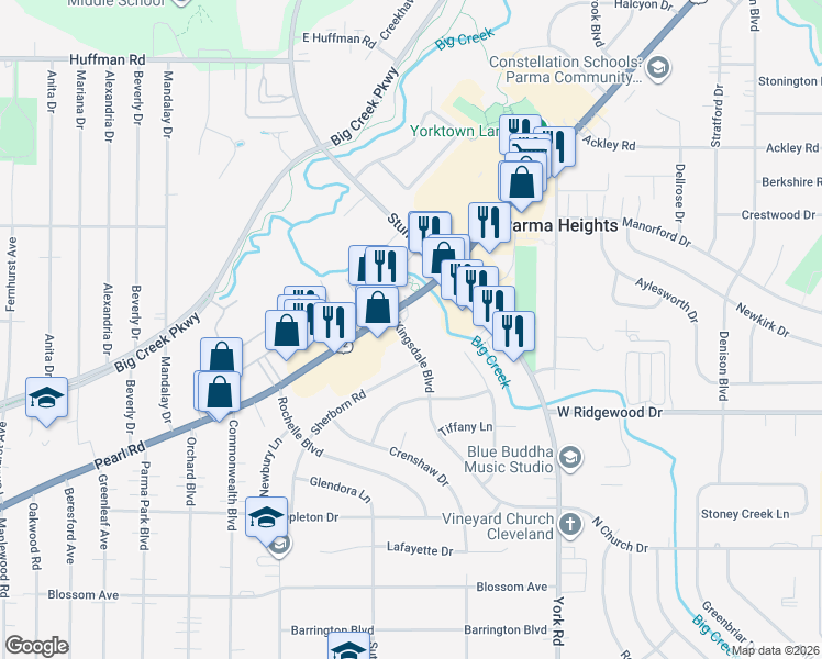 map of restaurants, bars, coffee shops, grocery stores, and more near 6397 Kingsdale Boulevard in Parma Heights