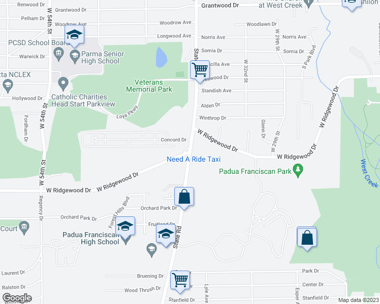 map of restaurants, bars, coffee shops, grocery stores, and more near State Rd & W Ridgewood Dr in Parma