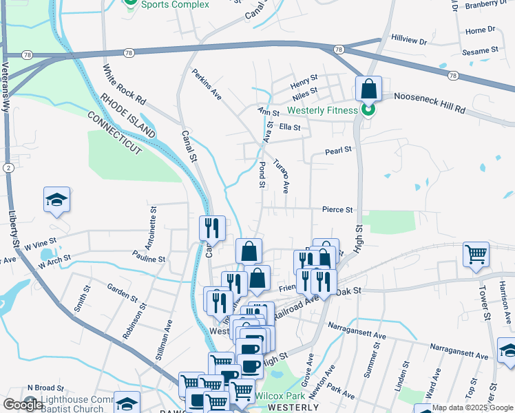 map of restaurants, bars, coffee shops, grocery stores, and more near 56 Pierce Street in Westerly