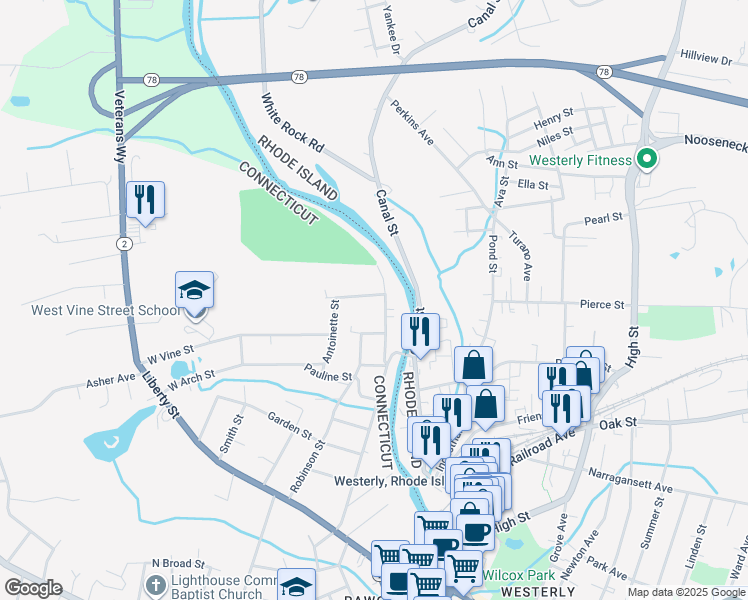 map of restaurants, bars, coffee shops, grocery stores, and more near 8 River Street in Stonington