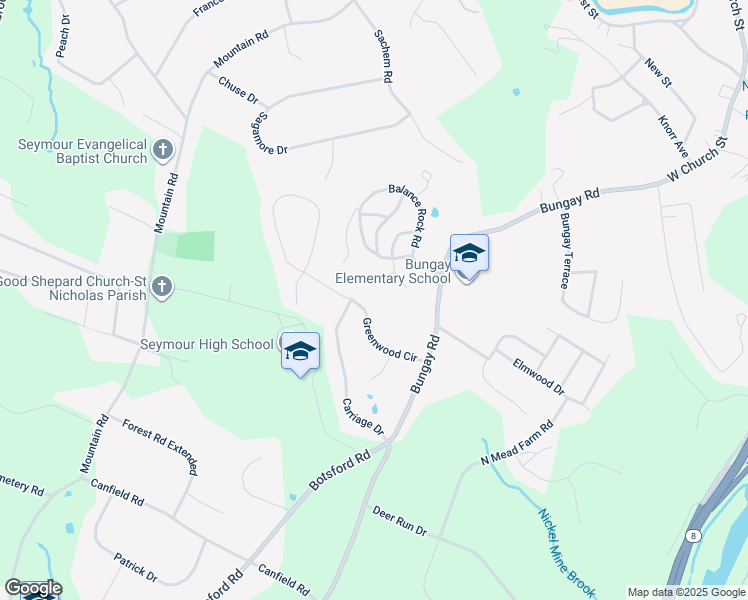 map of restaurants, bars, coffee shops, grocery stores, and more near 16 Greenwood Circle in Seymour