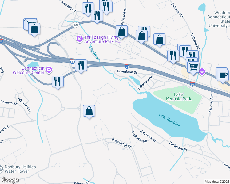 map of restaurants, bars, coffee shops, grocery stores, and more near 4 Larson Drive in Danbury