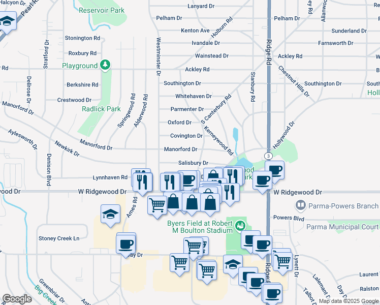map of restaurants, bars, coffee shops, grocery stores, and more near 6528 South Canterbury Road in Parma