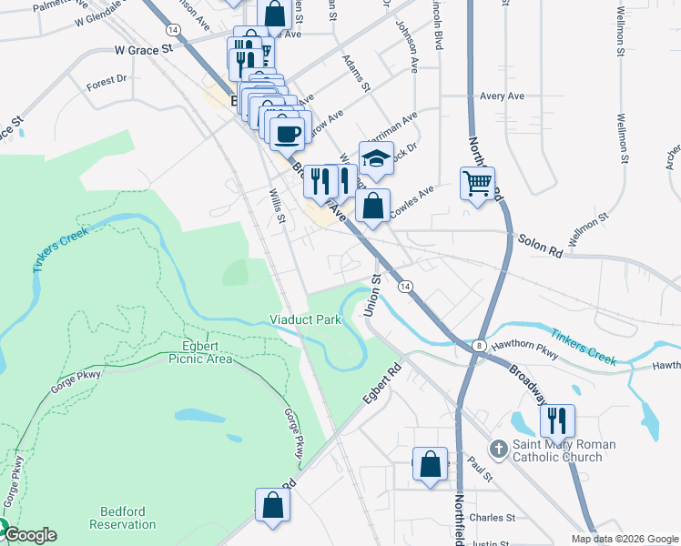 map of restaurants, bars, coffee shops, grocery stores, and more near 840 Broadway Avenue in Bedford