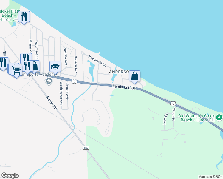 map of restaurants, bars, coffee shops, grocery stores, and more near 1130 Cleveland Road East in Huron