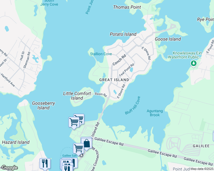 map of restaurants, bars, coffee shops, grocery stores, and more near 16 Conch Road in Narragansett