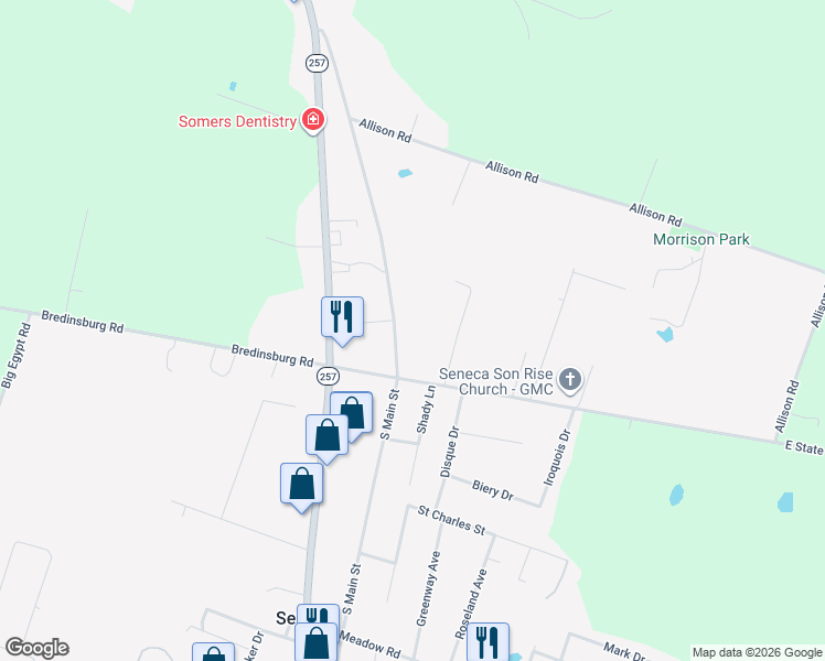 map of restaurants, bars, coffee shops, grocery stores, and more near 112 North Main Street in Seneca