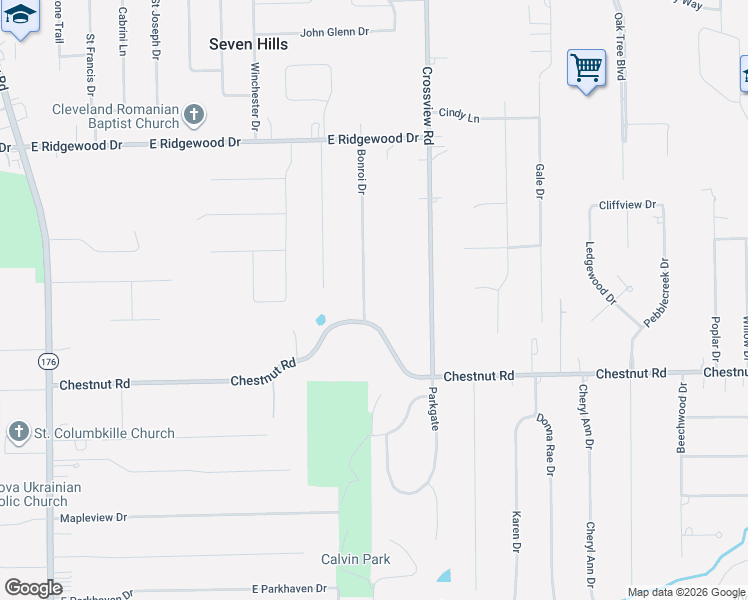 map of restaurants, bars, coffee shops, grocery stores, and more near 2613 Chestnut Road in Seven Hills
