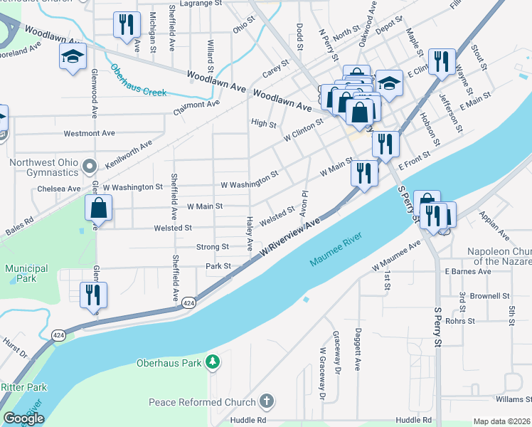 map of restaurants, bars, coffee shops, grocery stores, and more near 501 Welsted Street in Napoleon