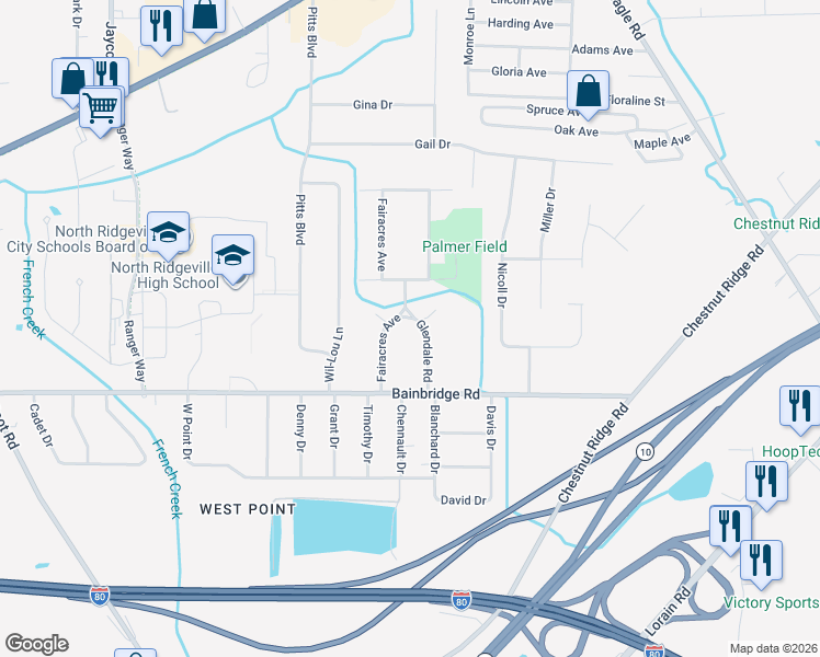 map of restaurants, bars, coffee shops, grocery stores, and more near 7080 Glendale Road in North Ridgeville