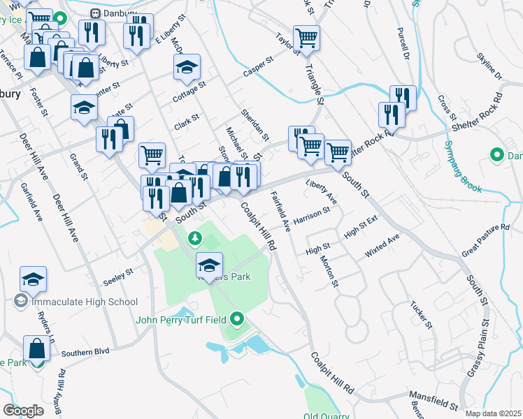 map of restaurants, bars, coffee shops, grocery stores, and more near 20 Coalpit Hill Road in Danbury