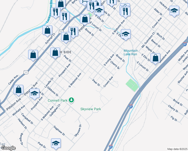 map of restaurants, bars, coffee shops, grocery stores, and more near 1616 South Irving Avenue in Scranton