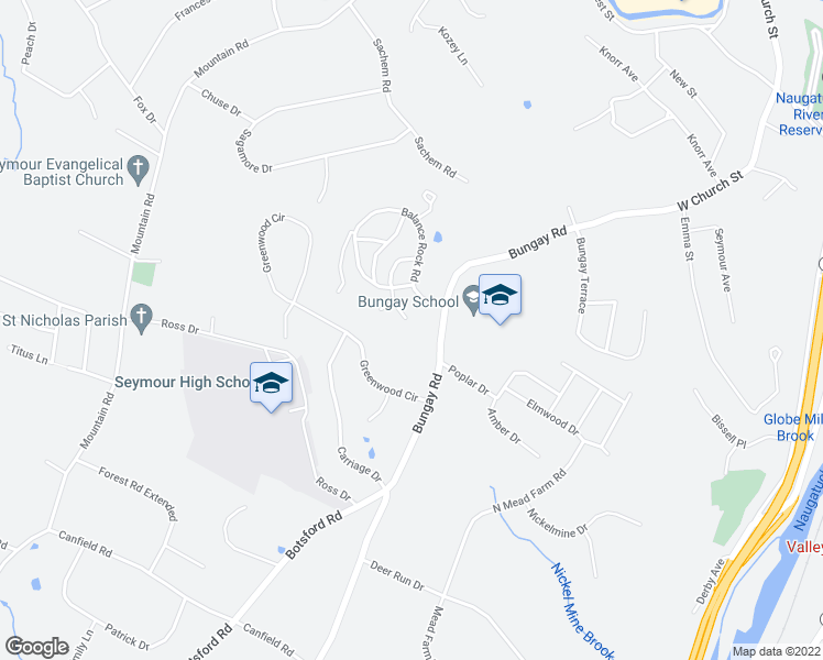 map of restaurants, bars, coffee shops, grocery stores, and more near 58 Bungay Road in Seymour