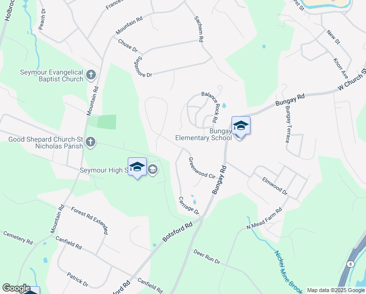 map of restaurants, bars, coffee shops, grocery stores, and more near 25 Carriage Drive in Seymour