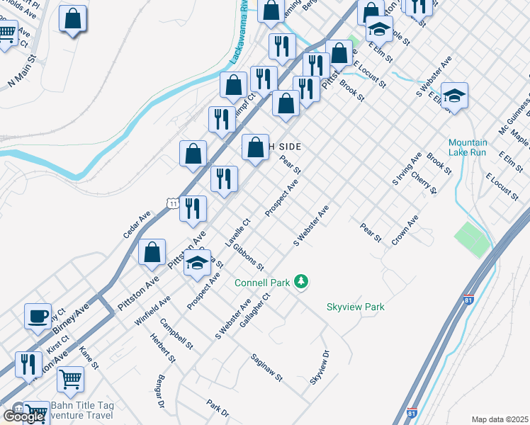 map of restaurants, bars, coffee shops, grocery stores, and more near 1930 Prospect Avenue in Scranton