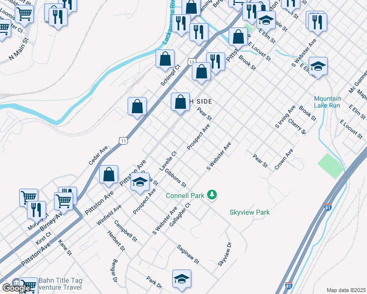 map of restaurants, bars, coffee shops, grocery stores, and more near 1930 Prospect Avenue in Scranton