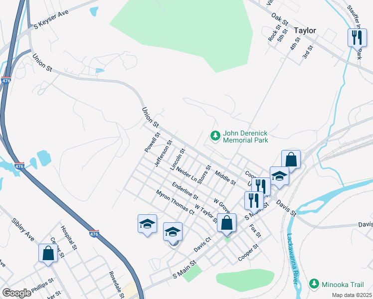 map of restaurants, bars, coffee shops, grocery stores, and more near 115 Lincoln St in Taylor