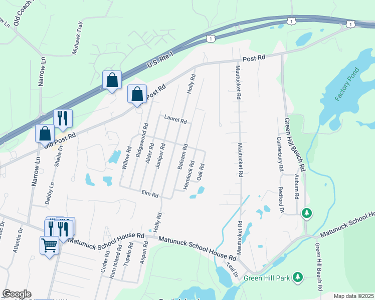 map of restaurants, bars, coffee shops, grocery stores, and more near 106 Hemlock Road in South Kingstown