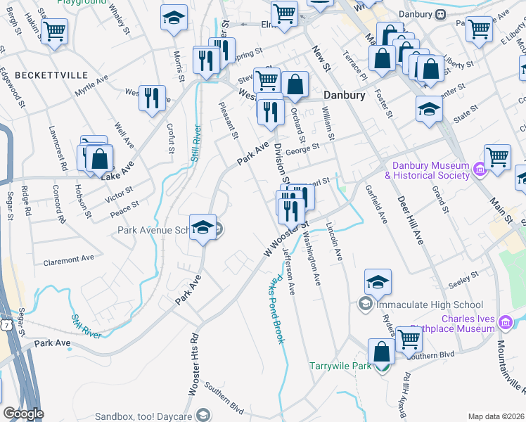 map of restaurants, bars, coffee shops, grocery stores, and more near 8 Pleasant Street in Danbury