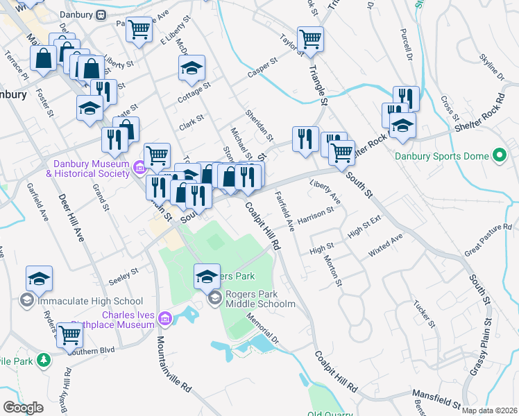 map of restaurants, bars, coffee shops, grocery stores, and more near 101 South Street in Danbury