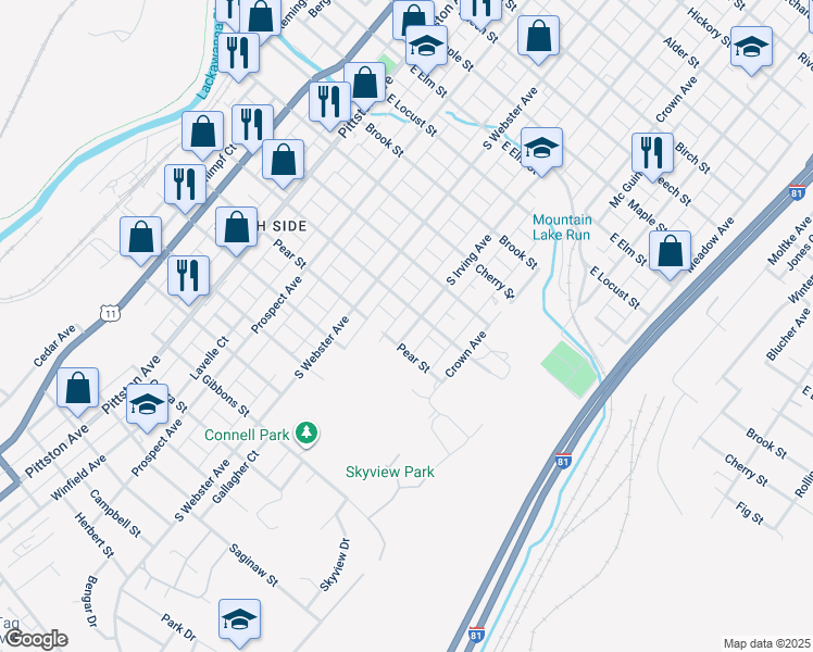 map of restaurants, bars, coffee shops, grocery stores, and more near 1616 South Irving Avenue in Scranton