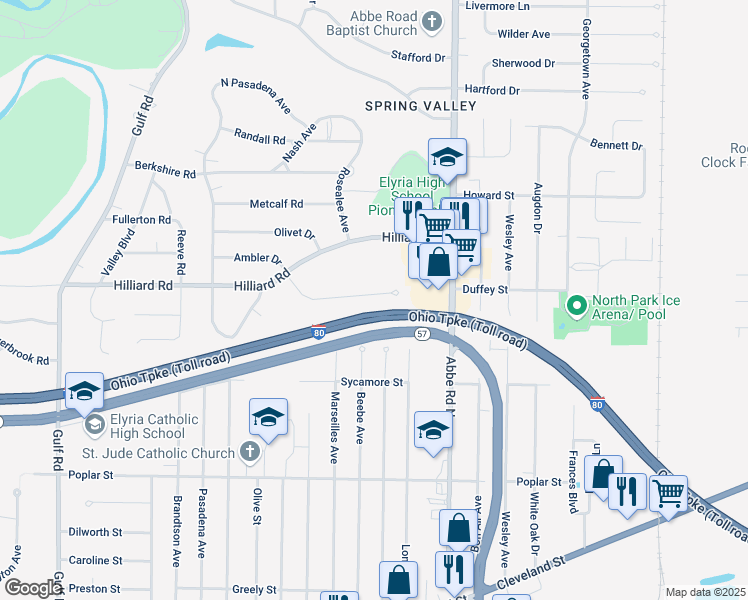 map of restaurants, bars, coffee shops, grocery stores, and more near 689 Lucille Drive in Elyria