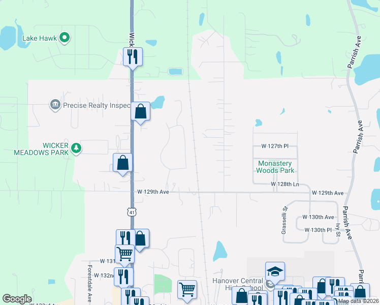 map of restaurants, bars, coffee shops, grocery stores, and more near 12817 Woodside Drive in Cedar Lake