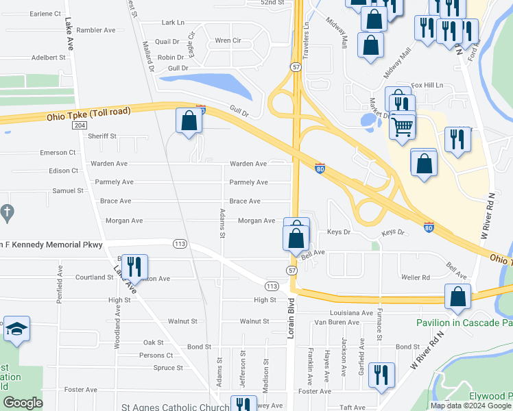 map of restaurants, bars, coffee shops, grocery stores, and more near 349 Brace Avenue in Elyria