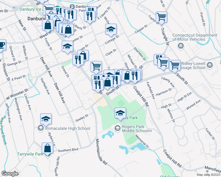map of restaurants, bars, coffee shops, grocery stores, and more near 129 South Street in Danbury