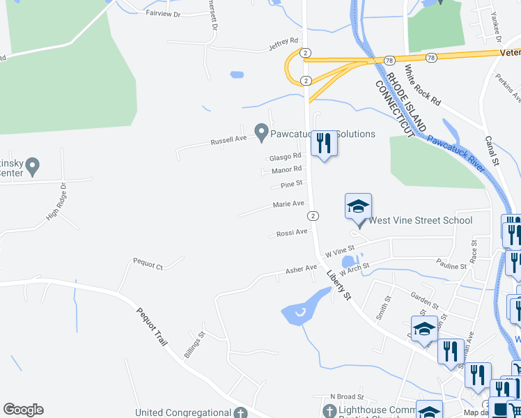 map of restaurants, bars, coffee shops, grocery stores, and more near 1 Marie Avenue in Stonington