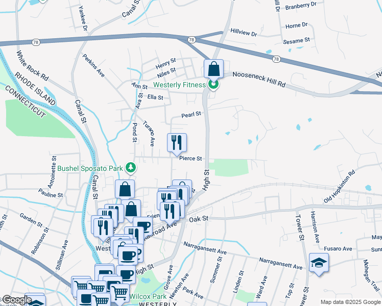 map of restaurants, bars, coffee shops, grocery stores, and more near 10 Pierce Street in Westerly