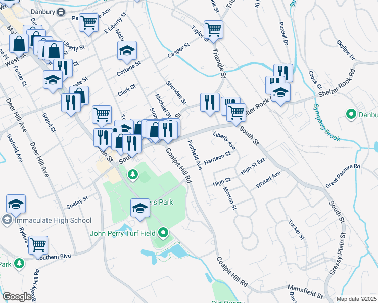 map of restaurants, bars, coffee shops, grocery stores, and more near 20 Coalpit Hill Road in Danbury