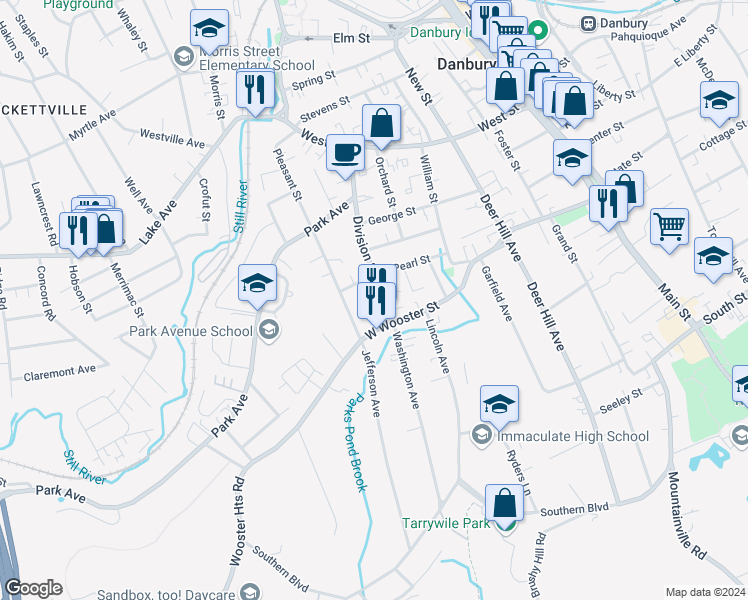 map of restaurants, bars, coffee shops, grocery stores, and more near 65 West Wooster Street in Danbury