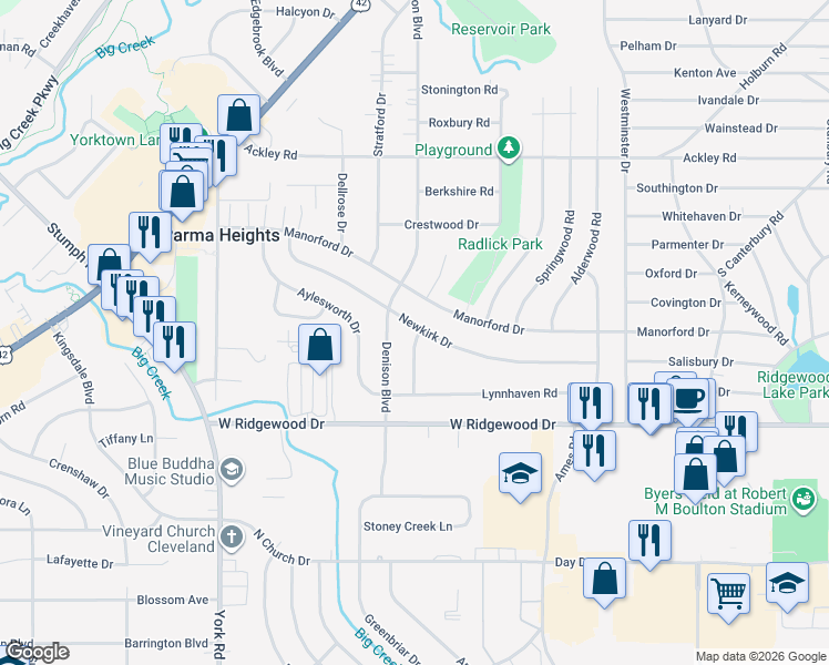 map of restaurants, bars, coffee shops, grocery stores, and more near 6519 Kenbridge Road in Parma Heights