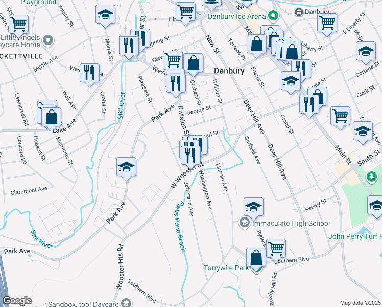 map of restaurants, bars, coffee shops, grocery stores, and more near 65 West Wooster Street in Danbury