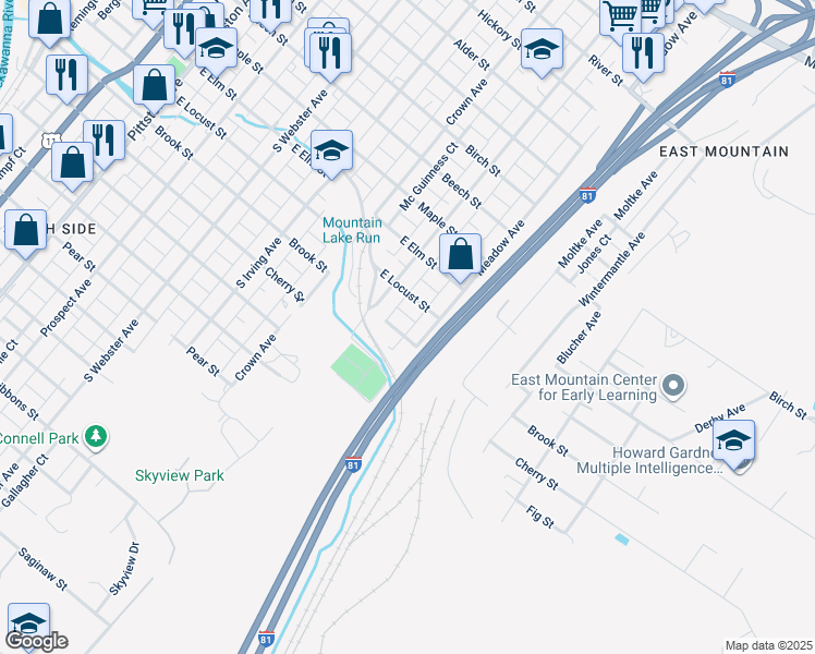 map of restaurants, bars, coffee shops, grocery stores, and more near 1027 Brook Street in Scranton