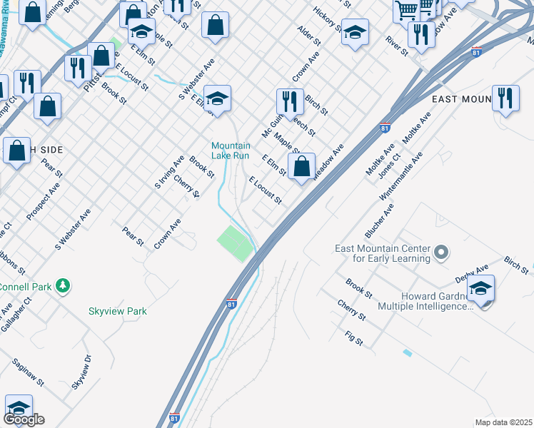 map of restaurants, bars, coffee shops, grocery stores, and more near 1027 Brook Street in Scranton