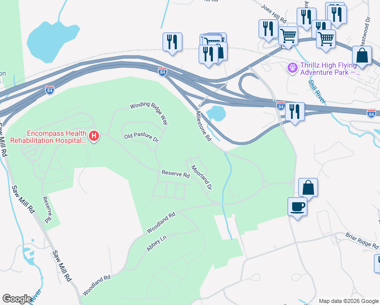 map of restaurants, bars, coffee shops, grocery stores, and more near 27 Moorland Drive in Danbury