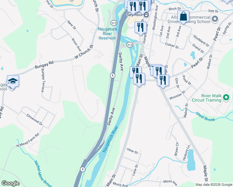 map of restaurants, bars, coffee shops, grocery stores, and more near 94 Derby Avenue in Seymour