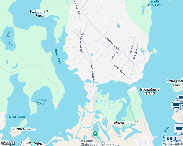 map of restaurants, bars, coffee shops, grocery stores, and more near 595 Succotash Road in South Kingstown