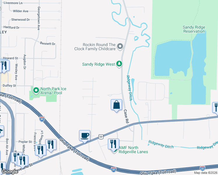 map of restaurants, bars, coffee shops, grocery stores, and more near 7122 Case Road in North Ridgeville